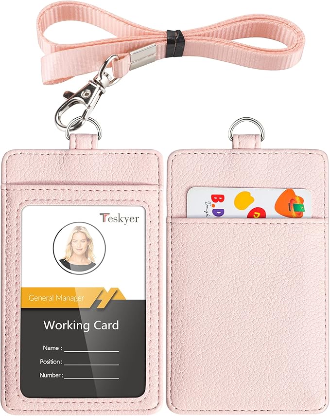 Teskyer Badge Holder with Lanyard, Leather ID Name Badge Card Holder with Lanyard for ID Badges, Vertical, Lychee Pattern Light Pink