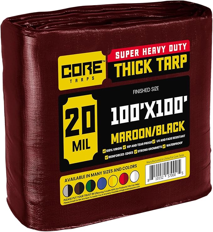 Core Tarps Extreme Heavy Duty 20 Mil Tarp Cover, Waterproof, UV Resistant, Rip and Tear Proof, Poly Tarpaulin with Reinforced Edges for Roof, Camping, Patio, Pool, Boat (Maroon/Black 100′ X 100′)