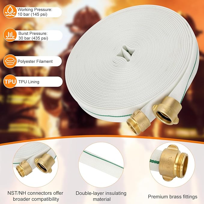 Fire Hose, 1-1/2"" ID X 100 FT Single Jacket TPU and 435 PSI Burst Pressure Industrial 1.5 Inch Fire Hose with NST/NH Brass Couplings, Suitable for Rescuing, Irrigating, Industrial and Urban Cleaning