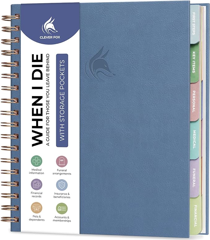 Clever Fox When I Die Planner With Pockets for Documents – End-of-Life Organizer Binder for Important Personal Info & Final Wishes (Smoke Blue)