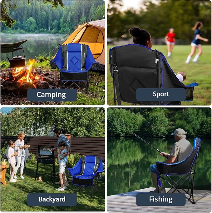 Oversized Folding Camping Chair for Adults Heavy Duty Padded Outdoor Chairs Big and Tall XL Picnic Chair with Cup Holders 400lb Capacity, Comfy for Lawn Sports and Outside Use