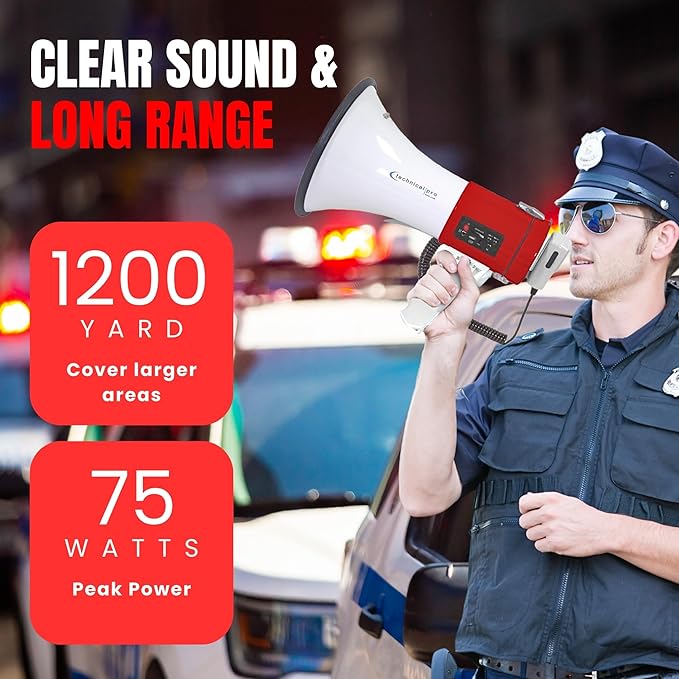 Technical Pro Portable Lightweight 75-Watt Megaphone Bullhorn w Siren, Detachable Microphone & Strap - Professional Outdoor Voice for Police & Cheer Leading