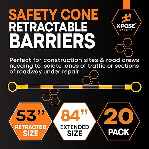 Retractable Barrier for Safety Traffic Cones - 2" OD - Large Yellow and Black Bar Barricade - for Road Construction, Parking, Warning, Temporary Security Divider (20, Yellow & Black, 53" x 84")