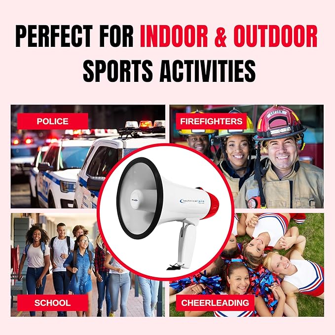 Technical Pro 20 Watts Lightweight Portable 300M Range Megaphone Bullhorn with Strap, Siren, and Volume Control, Good for Trainers, Soccer, Football, Baseball, Coaches