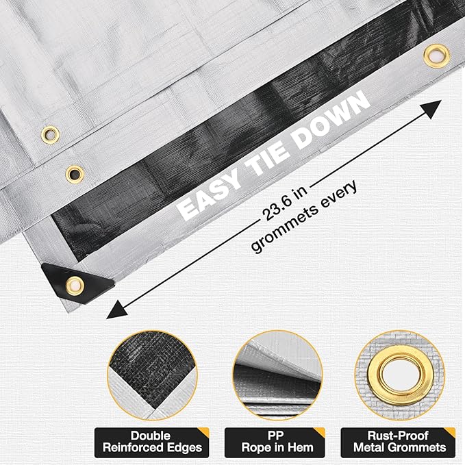 Tarp 8x10 Feet 14 Mil Heavy Duty Waterproof Tarp, Large Multipurpose Cover with Brass Grommets and Reinforced Edges, UV Resistant Thick Poly Tarps for Outdoor Camping Tent Pool Car