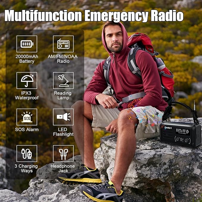 Emergency Radio, 20000mah NOAA AM FM Weather Radio, Solar Hand Crank Portable Radios, Battery Operated, SOS Alarm, Reading Lamp& Flashlight for Hurricane Emergencies Survival (Black)