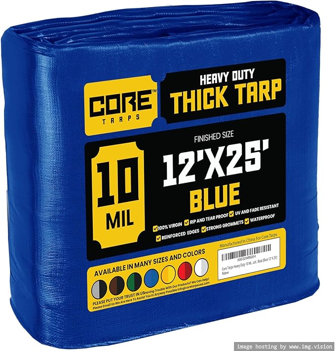 Core Tarps Heavy Duty 10 Mil Tarp Cover, Waterproof, UV Resistant, Rip and Tear Proof, Poly Tarpaulin with Reinforced Edges for Roof, Camping, Patio, Pool, Boat (Blue 12′ X 25′)