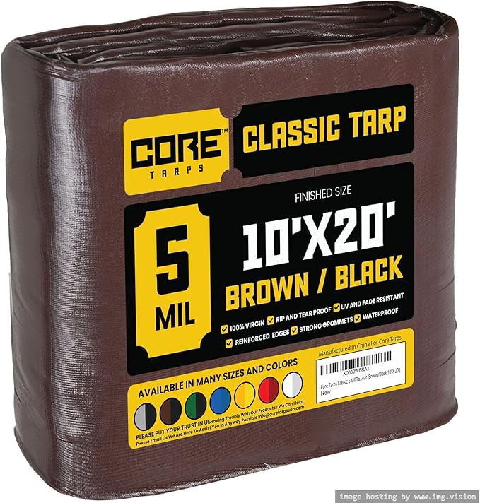 Core Tarps Classic 5 Mil Tarp Cover, Waterproof, UV Resistant, Rip and Tear Proof, Poly Tarpaulin with Reinforced Edges for Roof, Camping, Patio, Pool Cover, Boat (Brown/Black 10′ X 20′)