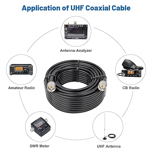 RG8x Coaxial Cable 50ft,CB Coax Cable 50 Ohm,UHF PL259 Male to Male Low Loss CB Antenna Extension for HAM Radio,VHF Radio,SWR Meter,Dummy Load,Antenna Analyzer