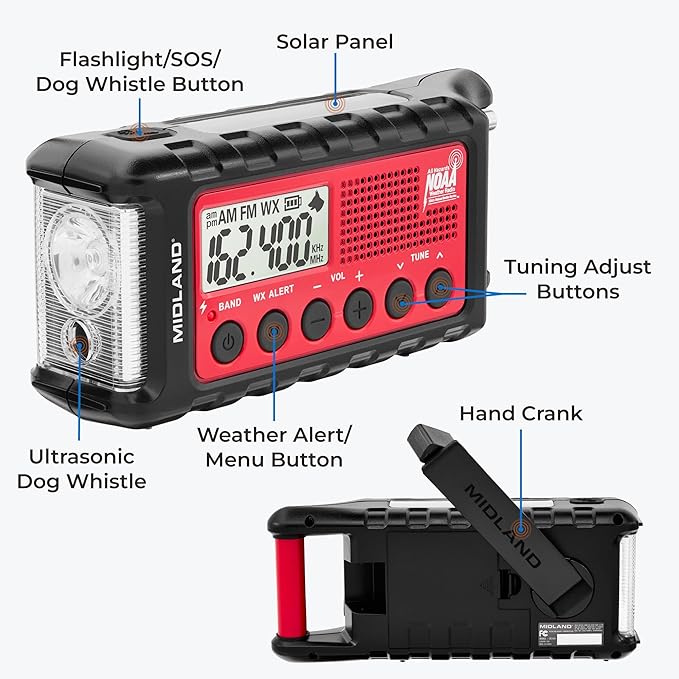 Midland - ER310, Emergency Crank Weather AM/FM Radio - Multiple Power Sources, SOS Emergency Flashlight, Ultrasonic Dog Whistle, & NOAA Weather Scan + Alert (Red/Black)