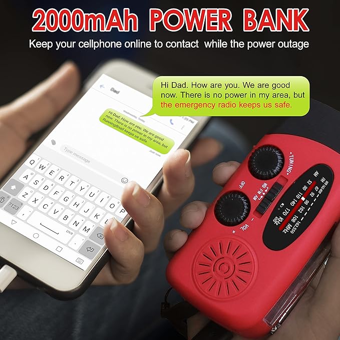 RunningSnail Emergency Hand Crank Radio With LED Flashlight For Emergency, AM/FM NOAA Portable Weather Radio With 2000mAh Power Bank Phone Charger, USB Charged & Solar Power For Camping, Emergency