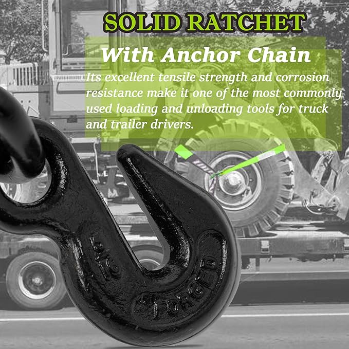4 Pack Car Tie Down Straps for Trailers with Heavy Duty Chain Anchors 2" x 96" - 3,300 lbs Safe Working Load -Adjustable Wheel Straps with Chain Hook Anchors for Trailers.Green