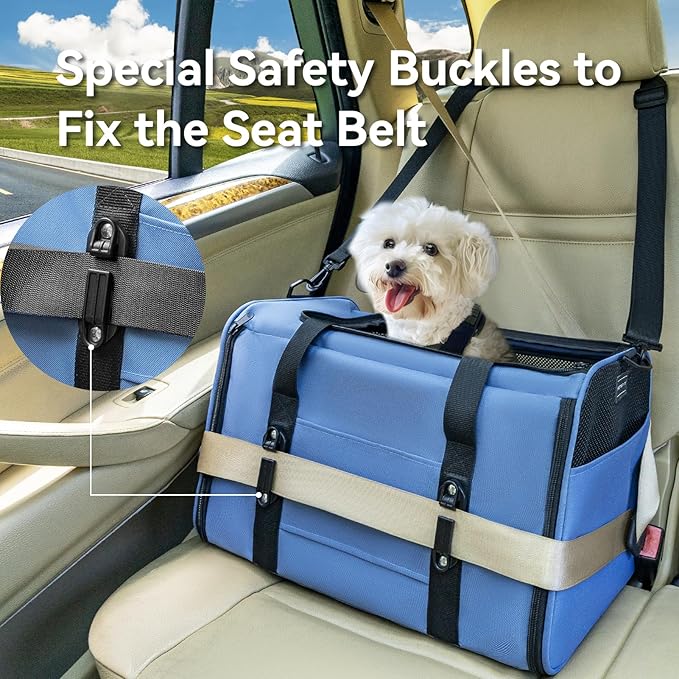 PETSFIT Cat Car Carrier for Medium Cats Dogs, 19"x12"x12" Small Dog Carrier, with Patent Safety Buckles and Escape-Proof Zipper - Safeguarding Car Travel, Vet Visit, Outdoor