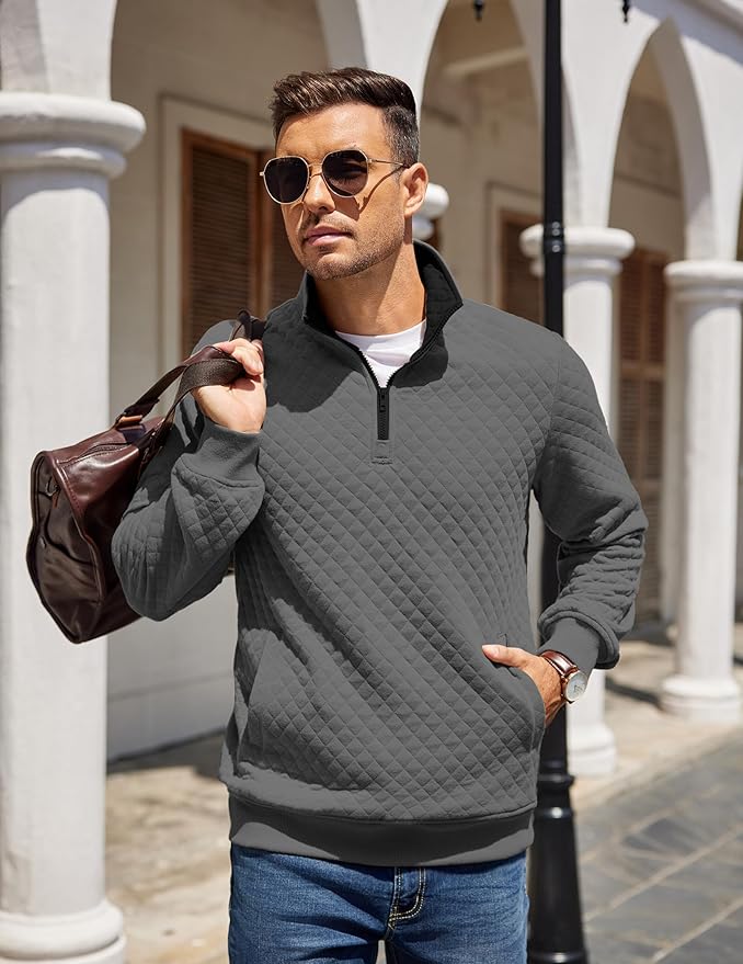 COOFANDY Mens Quarter Zip Pullover Quilted Sweatshirt Knit Long Sleeve Mock Neck Sweater Polo with Pocket