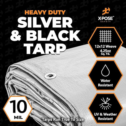 Heavy Duty Poly Tarp 12' x 20' - Bulk Half Pallet (120 Pack) Thick Waterproof, UV Blocking Protective Cover - Reversible Silver & Black - 10 Mil Thick Polyethylene - by Xpose Safety