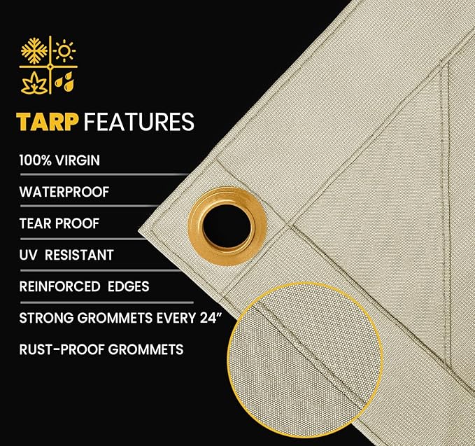 PROTARP Heavy Duty 14 OZ Water Resistant Canvas Tarp, UV Resistant Tarpaulin Cover with Rustproof Brass Grommets, Multipurpose for Canopy, Roof, Camping, Woodpile (Off White 5'X7')