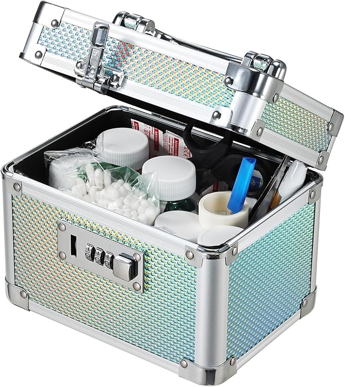 Adazzo Lockable Medicine Storage Box - Shiny Turquoise Cabinet Med Lock Organizer, 7 * 5.25 * 5.75 Inches Safe Case with Combination Lock for Home, Dorm, Office, or Travel - Mini Size