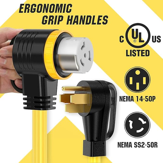 10 Feet 50 Amp RV/Generator Cord, UL Listed, Locking Connector, NEMA 14-50P to SS2-50R Twist Locking, Newly Designed 90°Grip Handle, 6/3+8/1 Gauge STW Wire