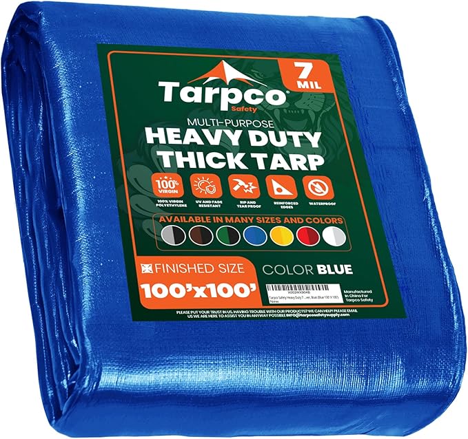 Tarpco Safety Heavy Duty 7 Mil Tarp Cover, Waterproof, UV Resistant, Rip and Tear Proof, Poly Tarpaulin with Reinforced Edges for Roof, Camping, Patio, Pool Cover, Boat (Blue 100′ X 100′)