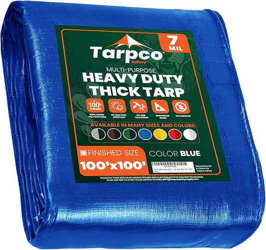 Tarpco Safety Heavy Duty 7 Mil Tarp Cover, Waterproof, UV Resistant, Rip and Tear Proof, Poly Tarpaulin with Reinforced Edges for Roof, Camping, Patio, Pool Cover, Boat (Blue 100′ X 100′)