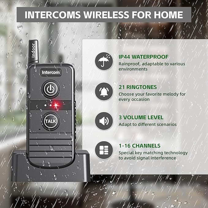 Long Range Wireless Doorbell 4900ft, Two Way Intercom System with 21 Chimes, 3 Volume Control,IP44 Waterproof Room to Room Intercoms for Home Office Hospital (2 Pack)