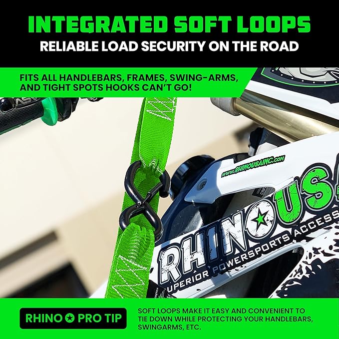 Rhino USA Motorcycle Tie Down Straps (2 Pack) Lab Inspected 2,200lb Break Strength, Steel Cambuckle Tiedown Set with Integrated Soft Loops - Better Than a Ratchet Strap (Green 2-Pack)