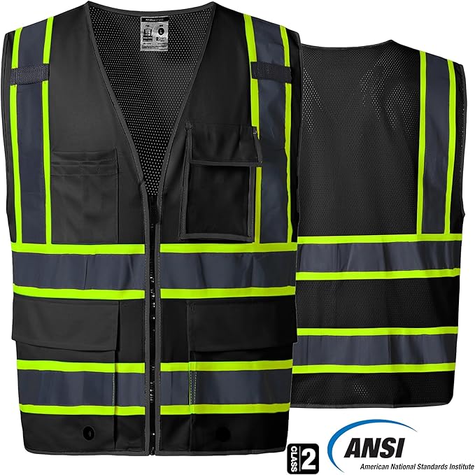 SKSAFETY 10 Pockets Safety Vest, Class 2 High Visibility Security with Zipper Back Mesh, Hi Vis Vest with Reflective Strips, ANSI/ISEA Standard, Construction Work Vest for Men ＆ Women （Black, XL）