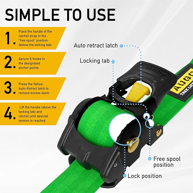 AUGO Retractable Ratchet Straps | 2 Heavy Duty Ratchet Straps Self Retractable Tie Downs with Soft Loops & Storage Bag for Motorcycle, Truck, Trailer, Cargo Van | 3000 Lb Break Strength 2” x 10’