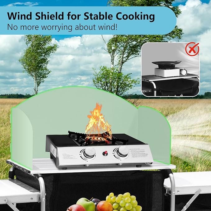 Seeutek Camping Kitchen Table, Aluminum Portable Outdoor Cooking Table Foldable Camp Table with Windscreen and 3 Storage Cupboards Multifunctional for BBQ, Party, Picnics & Outdoor Activities Black