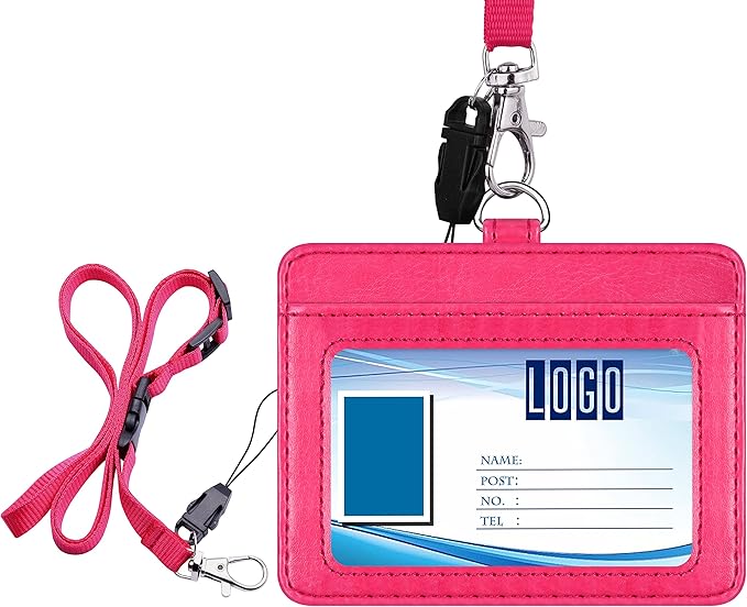 Wisdompro 2-Sided PU Leather ID Badge Holder with 1 ID Window and 1 Card Slot and 1 Piece 23 Inch Adjustable Polyester Detachable Neck Lanyard Strap (Holds 3 to 4 Cards) - Hot Pink (Horizontal)