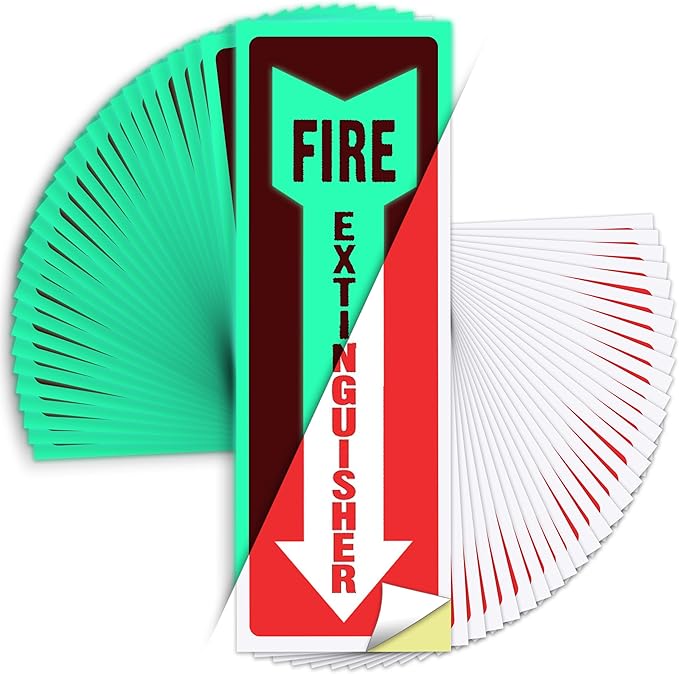 Fire Extinguisher Sign Sticker - 36 Pack - 4" X 12" - 5 Mil Vinyl - Bright Red White Colors - Durable Self Adhesive, Weatherproof, Photoluminescent and UV Protected - Ideal for Inside Office or Boat