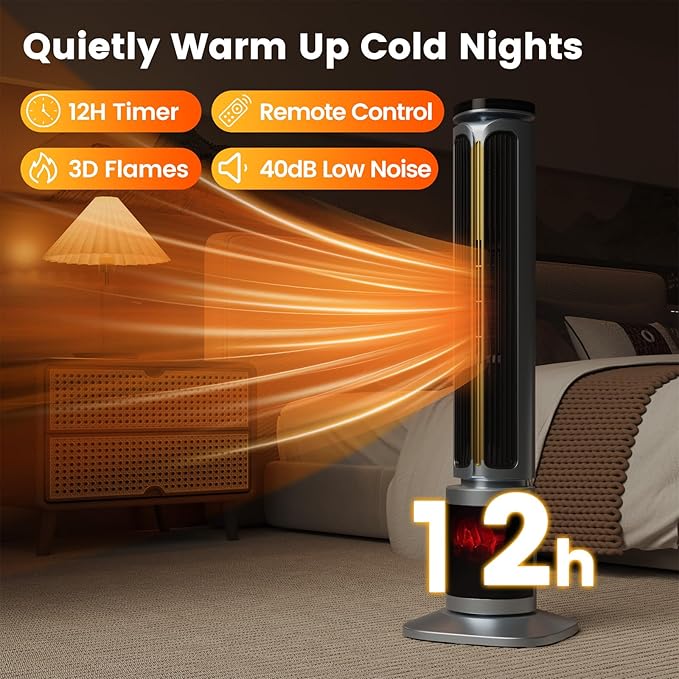 VCJ 35” Space Heater for Indoor Use, 1500W PTC Ceramic Electric Heater with Thermostat, Remote, 12H Timer, 120°Oscillation, LED Display Quiet Portable Heater for Bedroom Office