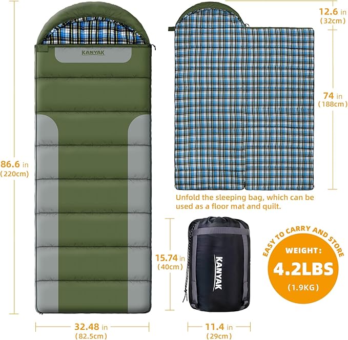 Cotton Flannel Lined Sleeping Bag for Adults Teens Kids, Cold Weather &Warm, 3 Seasons, Lightweight Compact Camping Essentials Equipment, Hiking, Outdoor, Travel