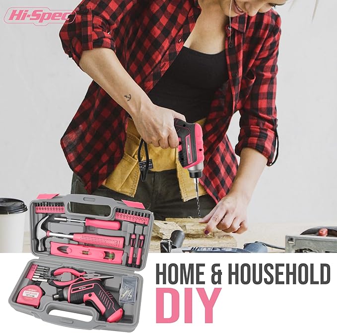 Hi-Spec 35-Piece Tool Kit with 3.6V USB Small Electric Screwdiver Set, Pink Drill Set for Women, Tool Kit for Home