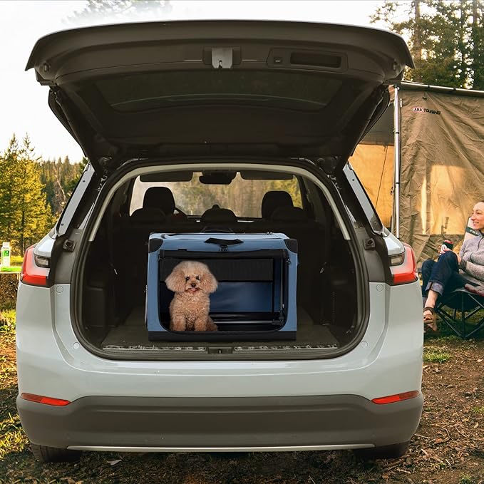 PETSFIT Dog Travel Crate, with Patented Adjustable Fabric Cover, Chewproof & Lockable Mesh Doors, Waterproof Base Soft Sided Kennel Blue 26 Inch
