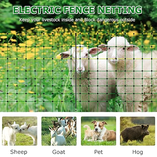 Electric Fence Netting, 47.2" H x 164' L, Portable Livestock Nets Mesh for Hog, Dogs, Deer, Goats, Larger Animals Electric Fencing for Backyards, Homesteaders, Farms, Ranches, Gardens