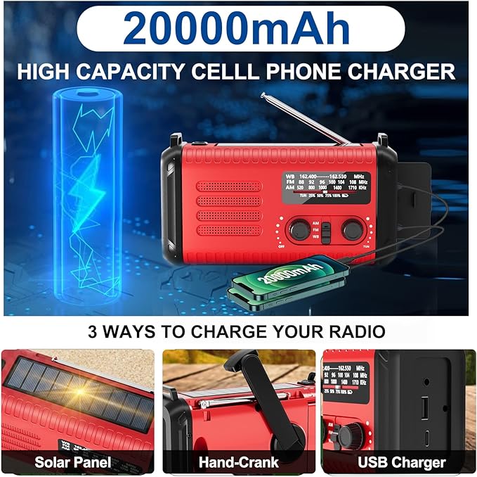 Emergency Hand Crank Weather Radio 20000mAh/74000mWh AM/FM/NOAA Solar Powered Radio with Phone Charger, SOS Alarm Emergency LED Flashlight, Reading Lamp Headphone Jack for Hurricanes Emergencies