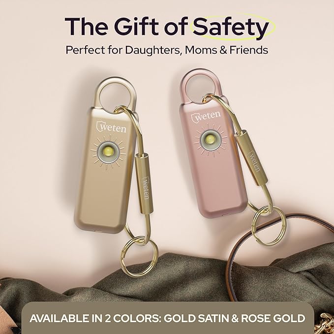 Weten Personal Safety Alarm Keychain – 130dB Siren with Bottom Speaker, LED Light, Wristlet & Carabiner Clip – Weatherproof Self Defense Alarm with Low Battery Alert (Gold Satin)