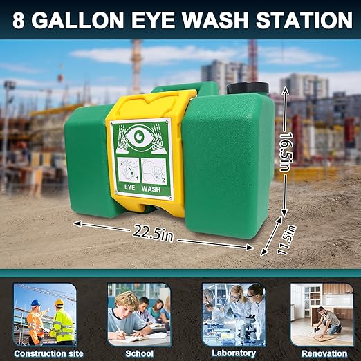 8 Gallon Eye Wash Station, Portable Eyewash Station OSHA-Approved, Wall Mounted Emergency Eyewash Station Kit with Dual Spray, First Aid Eye Wash Station for Factories, Laboratories(Green)
