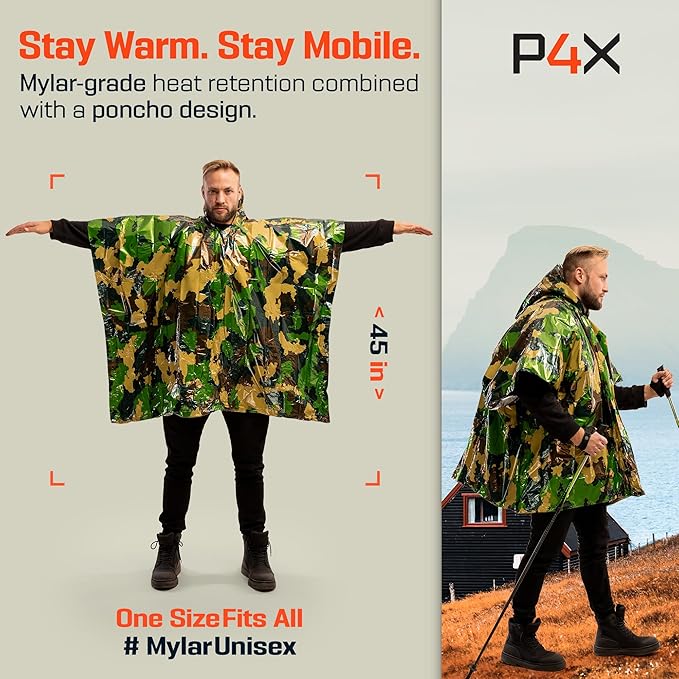 PREPARED4X Emergency Poncho and Mylar Blanket Liner - Waterproof, Wind-Resistant Outdoor Rain Poncho for Camping, Emergencies