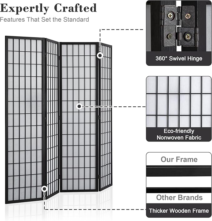 WelFurGeer 4 Panel Shoji Screen Room Divider, Folding Privacy Screens, Room Partitions and Dividers, Decorative Room Dividers, Wall Dividers for Room Separation, Japanese Room Divider for Home (Black)