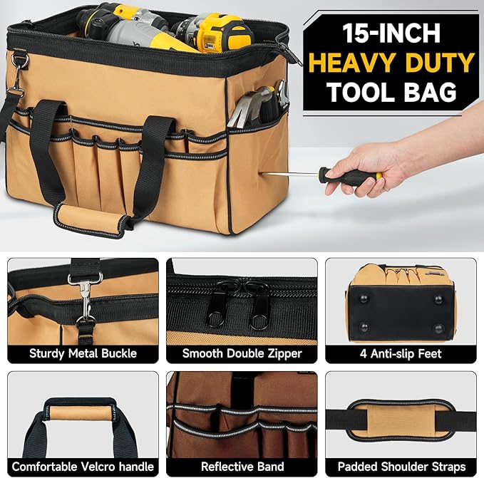 15-Inch Tool Bag,38 Pockets Tool Bags for Men,Heavy Duty Tool Box Organizer Storage,Wide Mouth Toolbag Tools Tote Carrying Case for Dad,Mechanic,Electrician,Brown,Bag Only