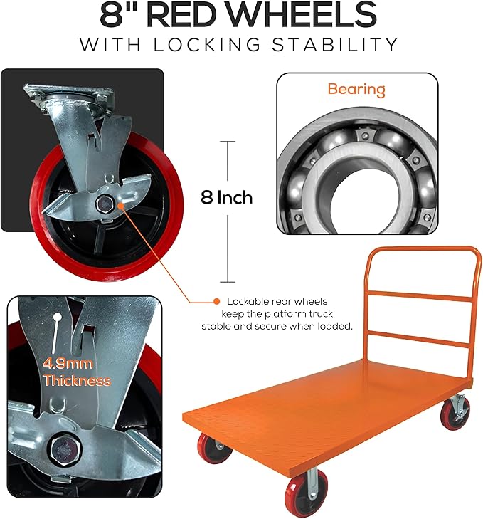 5Seconds Flatbed Platform Cart Industrial Dolly Heavy Duty 48” x 24” Platform Hand Push Truck Super Heavy Duty Diamond Plate Flatbed Cart with 3000Lb Capacity 8'' Swivel Wheels with Lock