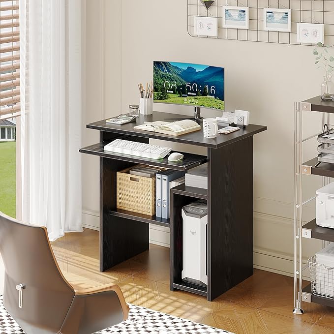 ALISENED Home Office Computer Desk with Monitor Stand Keyboard Tray, 31.5 Inch Study Writing Desk Small PC Laptop Table with Storage Shelves, Modern Workstation for Small Spaces Save Space, Black B