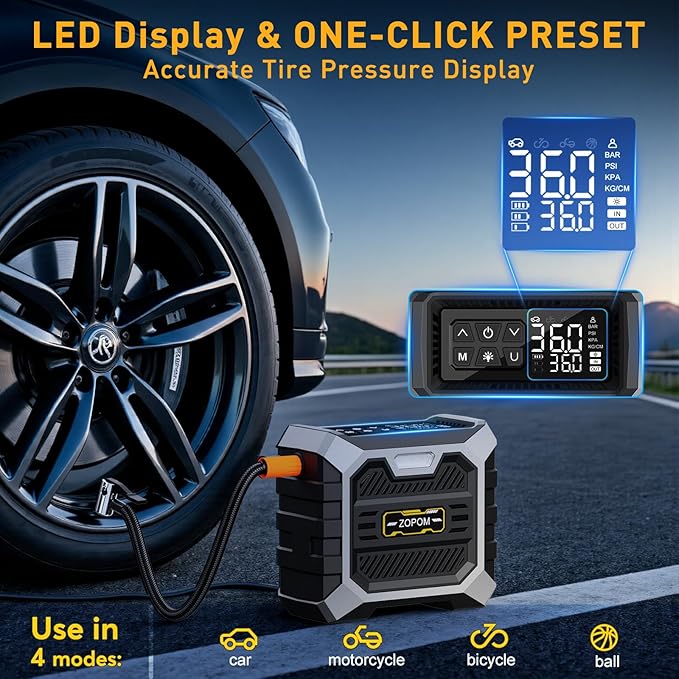 Tire Inflator Portable Air Compressor DC 12V Air Compressor Portable with Digital Pressure Gauge Air Pump for Car Tires - Car Accessories Bike, Motor (Black)