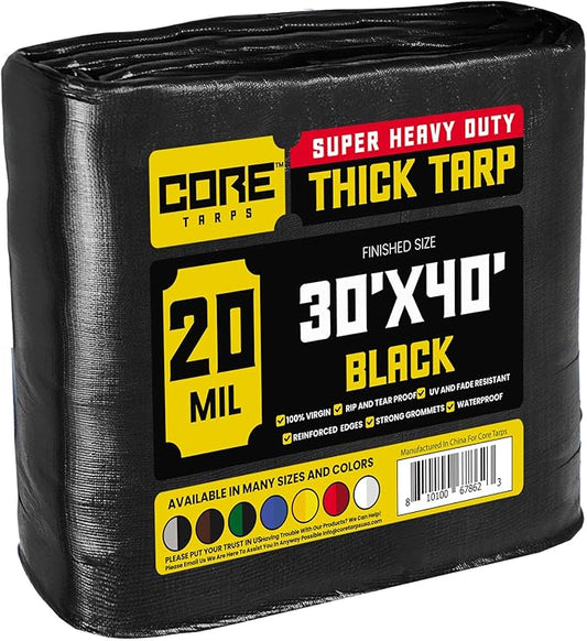 Core Tarps Extreme Heavy Duty 20 Mil Tarp Cover, Waterproof, UV Resistant, Rip and Tear Proof, Poly Tarpaulin with Reinforced Edges for Roof, Camping, Patio, Pool, Boat (Black 30′ X 40′)