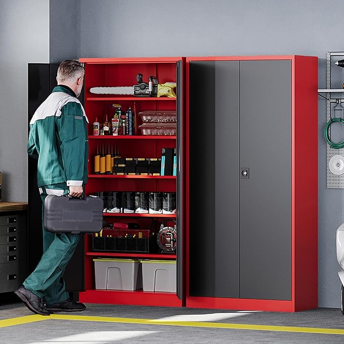 Letaya Metal Storage Cabinets with Lock, 72" Tall Locker Organizer Steel Cabinets, Adjustable Layers Shelves 2 Doors for Home, Office, Warehouse,Garage(Black Red)