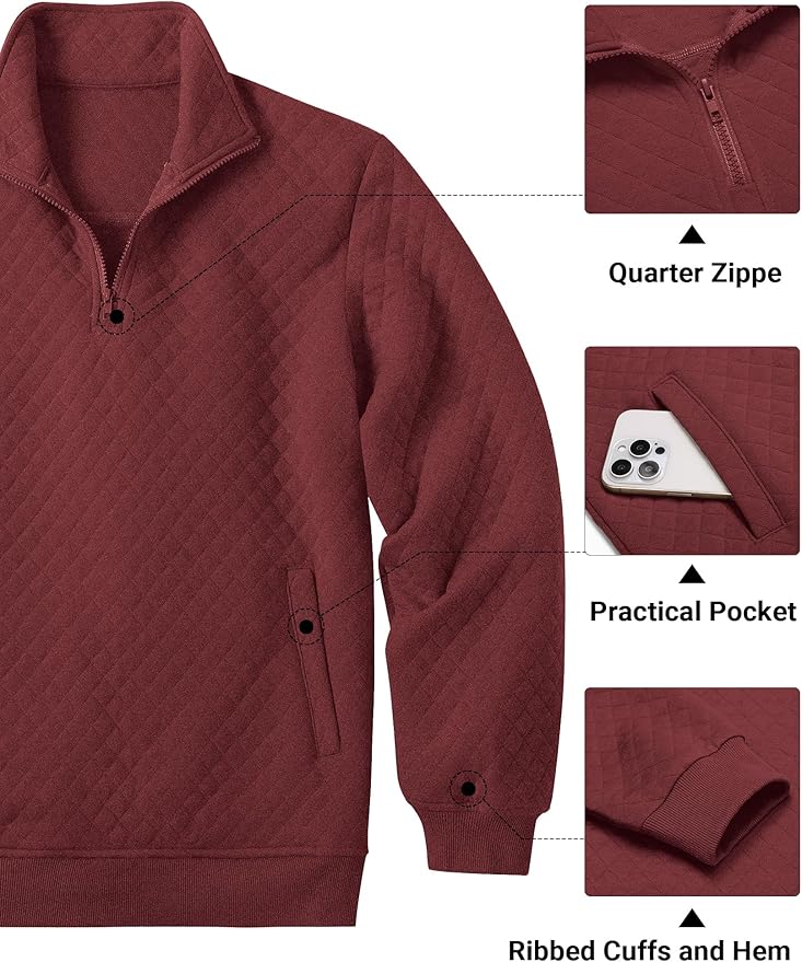 COOFANDY Mens Quarter Zip Pullover Quilted Sweatshirt Knit Long Sleeve Mock Neck Sweater Polo with Pocket