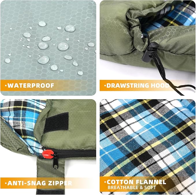 Cotton Flannel Lined Sleeping Bag for Adults Teens Kids, Cold Weather & Warm, 3 Seasons, Lightweight Compact Camping Essentials Equipment, Hiking, Outdoor, Travel