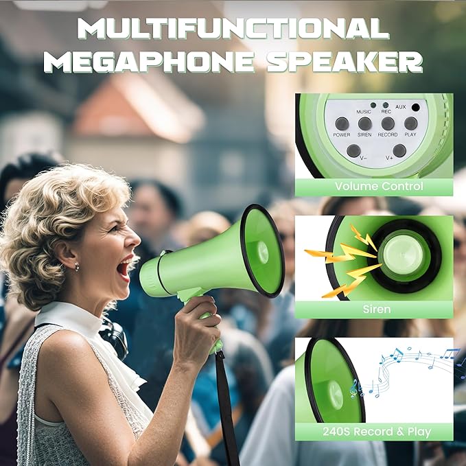 Portable Megaphone 20 Watt Power Megaphone Speaker Bullhorn Voice and Siren/Alarm Modes with Volume Control and Strap (Light Green)